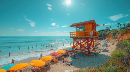 Vibrant Beach Scene with Lifeguard Tower, Sunbathers, and Swimmers under Bright Sunlight Captured with Canon EOS R3 - Colorful Umbrellas and Lively Atmosphere