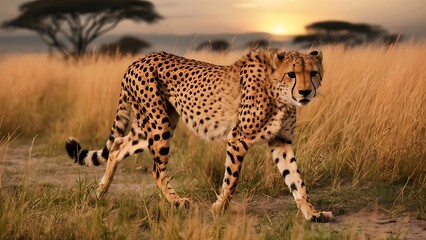 Alone Cheetah walking in the grass wallpaper