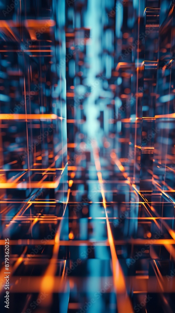 Poster abstract 3d illustration showing a complex network of glowing cubes, evoking a futuristic server roo