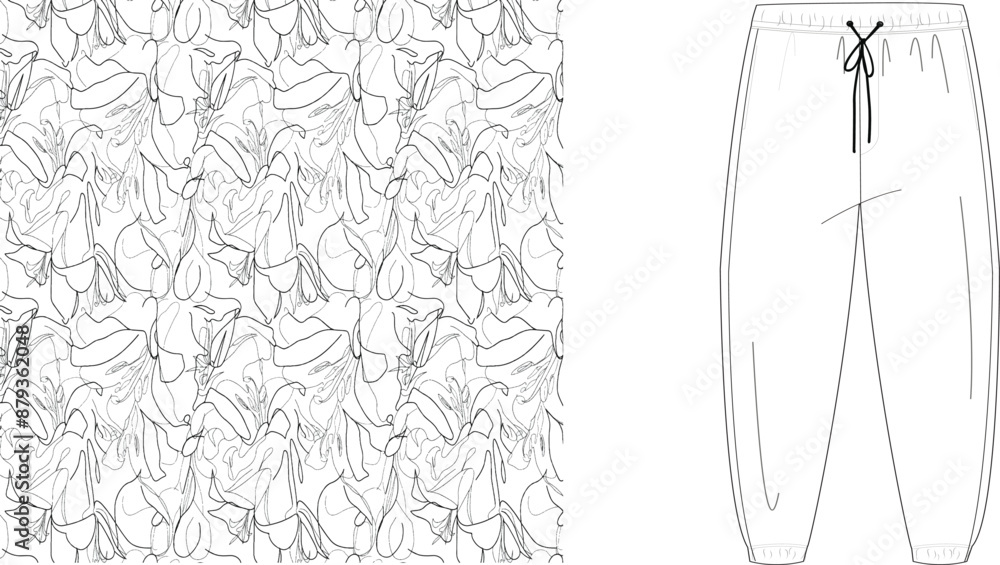 Poster a sketch of patterned fabric and casual pants with a drawstring on a white background in a line draw