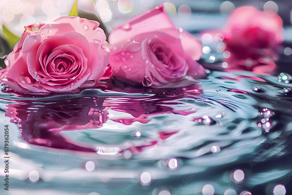 Wall mural pink roses drops and waves on the surface of the water water abstract background