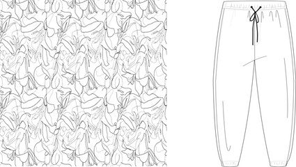 A sketch of patterned fabric and casual pants with a drawstring on a white background in a line drawing