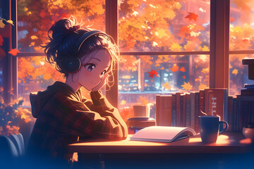 Girl immersed in a book at a cozy cafe, with autumn leaves gently falling outside the window and warm drinks on the table. Anime style, Cozy vibes