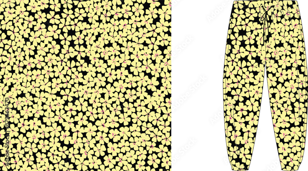 Poster a pair of pants with a pattern of small yellow shapes and a matching fabric swatch on a white backgr