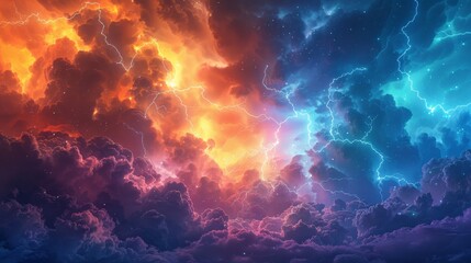 Fototapeta premium Dramatic storm clouds illuminated by lightning strikes fill the sky, creating a powerful atmosphere. Thunder rumbles as rain falls, hinting at the storm's intensity