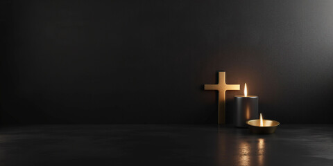 Golden cross and burning candles reflecting mourning and remembrance concept. Banner for memorial or obituary with copy space