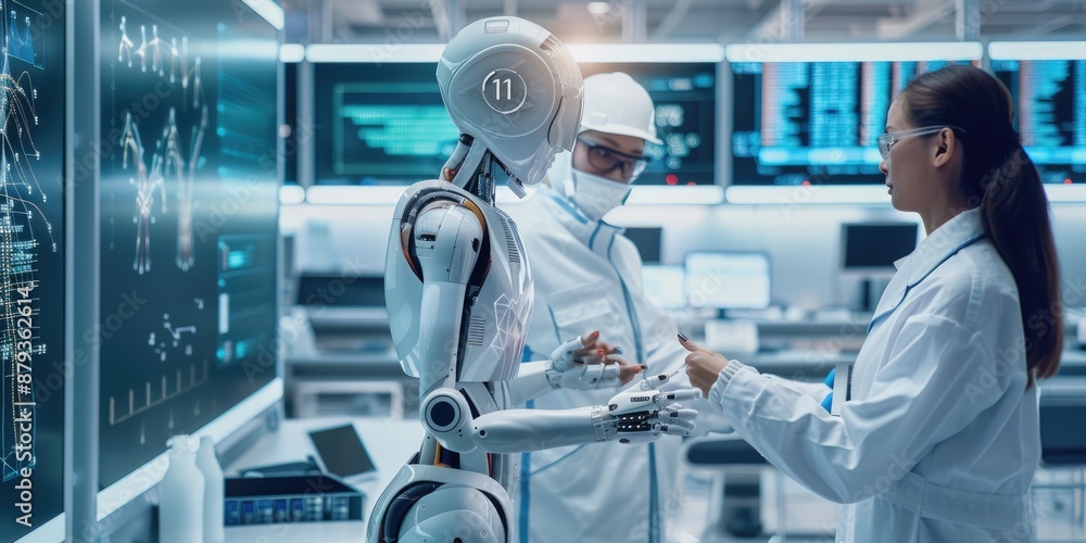 Poster in a stateoftheart technology lab, engineers are working with a humanoid robot as part of a collabor