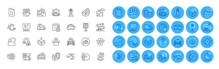 Food delivery, Car travel and Flights application line icons pack. Shipment, Gps, Return package web icon. Moving service, Package location, Send box pictogram. Baggage scales, Diesel. Vector
