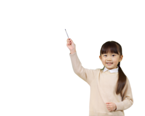 lovely asian girl pointing with pen on green board , Back to school concept,