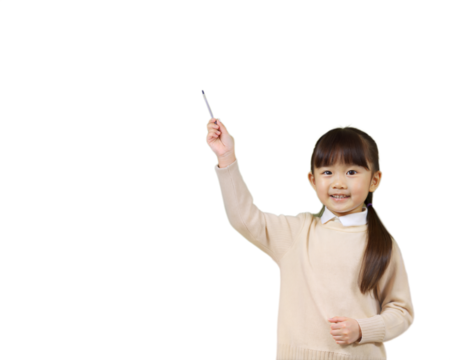 lovely asian girl pointing with pen on green board , Back to school concept,