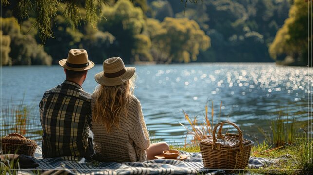 Serene Lakeside Picnic: Romantic Couple Enjoying a Sunny Day by the Water with Canon EOS R5 50mm f/1.2 Lens Photography