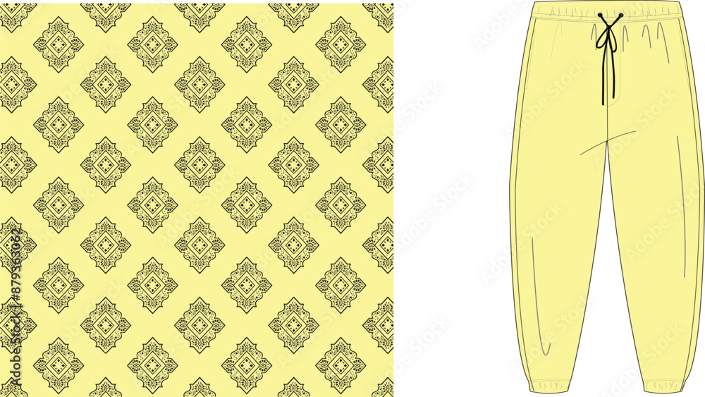 Poster a pattern design and a pair of yellow pants with a drawstring displayed side by side in the image