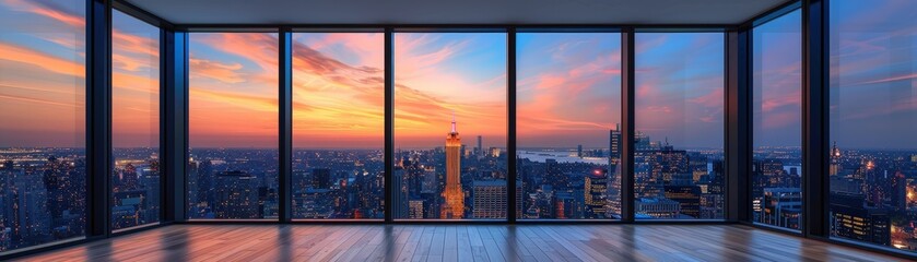 A breathtaking panoramic view of a vibrant city skyline at sunset, seen from a spacious room with floor-to-ceiling glass windows.