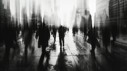 Blurred silhouettes in bustling city street