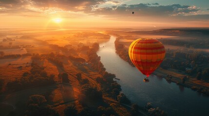 Obraz premium Aerial Romance: Couple in Hot Air Balloon Over Scenic Countryside on Sunny Day | Photography with Fujifilm GFX 100