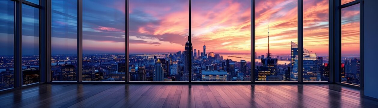 Fototapeta Breathtaking panoramic view of New York City skyline at sunset, seen through floor-to-ceiling windows of a modern high-rise apartment.