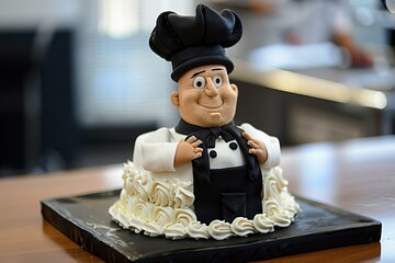 Cake decorated with a smiling chef figure wearing a toque and black tie