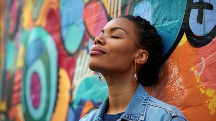 Fototapeta premium A confident young woman wearing a denim jacket and stylish earrings poses with her eyes closed against a mural.