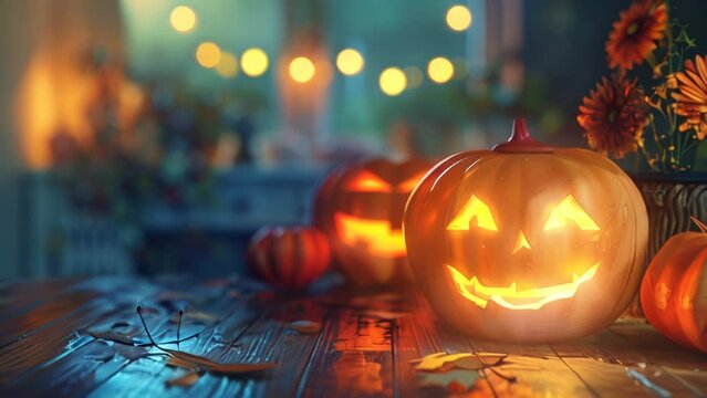 Halloween background, pumpkins with glowing eyes on abstract background with lights, copy space, gloomy, atmospheric