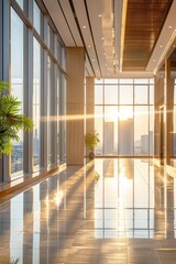 Sunlight streaming through large windows in a modern office building, reflecting on polished floors with a city skyline in the background.
