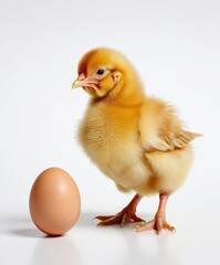 Fototapeta premium A Fluffy Chickling Stands Beside a Brown Egg