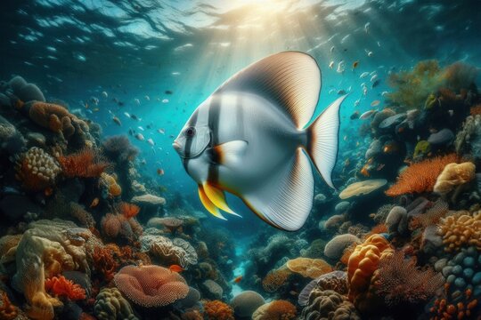 A graceful batfish (Platax orbicularis) swimming effortlessly through the clear, tropical waters of the ocean