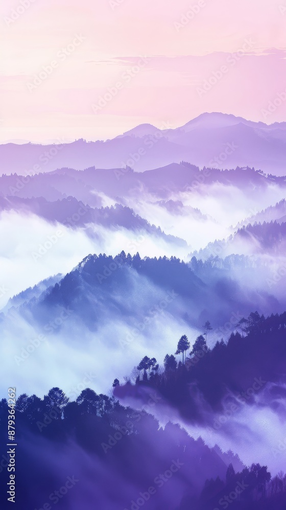 Canvas Prints morning mist rises over forest, mountainside in violet haze, enhancing natural beauty with colorful 