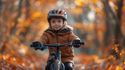 Naklejka premium Happy Child Riding Bike Among Colorful Autumn Leaves in Park on Sunny Day - Joyful Photography with Canon EOS R3