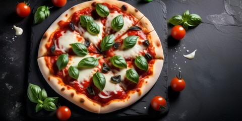 fresh Italian pizza with basil leaves on a black textured background, close up