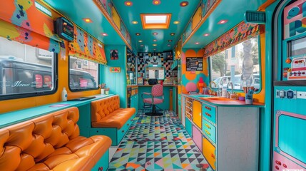 Fototapeta premium A brightly colored mobile salon with a barber chair, orange vinyl seating, and a small counter.
