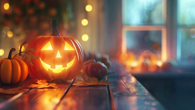 Halloween background, pumpkins with glowing eyes on abstract background with lights, copy space, gloomy, atmospheric