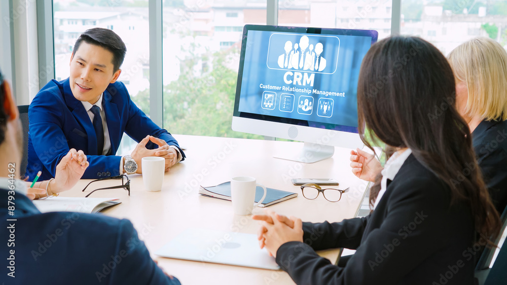 Aufkleber customer relationship management system on modish computer for crm business and enterprise