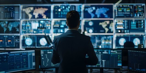 Cybersecurity analyst monitors screens in digital security operations center with diligence. Concept Cybersecurity, Digital Security, Operations Center, Monitoring Screens, Diligence