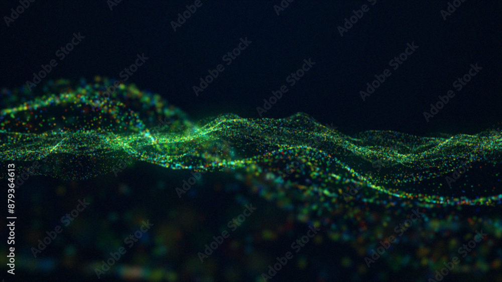 Poster abstract motion digital wave multicolor dots with glowing defocused particles background. creative s