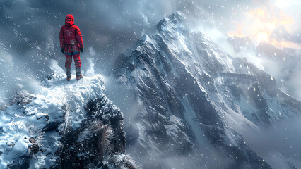 Obraz premium A Person Wearing a Red Snowsuit Standing on a Rock Ledge While Looking at a Snowy Mountain