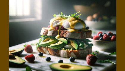 poached eggs, avocado, and arugula on bread on a white marble countertop