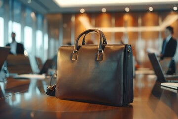 A detailed shot of a leather briefcase placed on a conference table, with blurred business professionals and laptops in the background