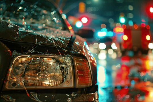 A close-up shot of a broken headlight on a car, with shattered glass scattered, and emergency lights in the blurred background