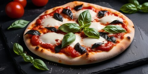 fresh Italian pizza with basil leaves on a black textured background, close up