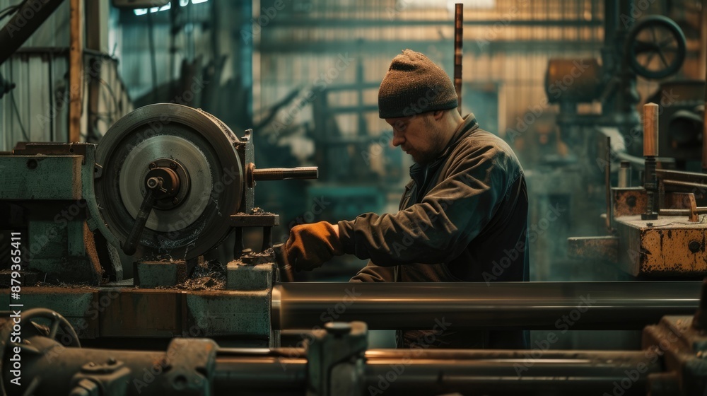 Poster smart engineer checking iron machine in factory while wearing safety helmet. professional industrial
