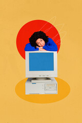 Vertical photo collage of sad american girl lay old fashioned computer office tool exhaustion broke...