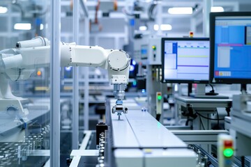 Robotic arm working on assembly line in factory, industry 4.0 concept