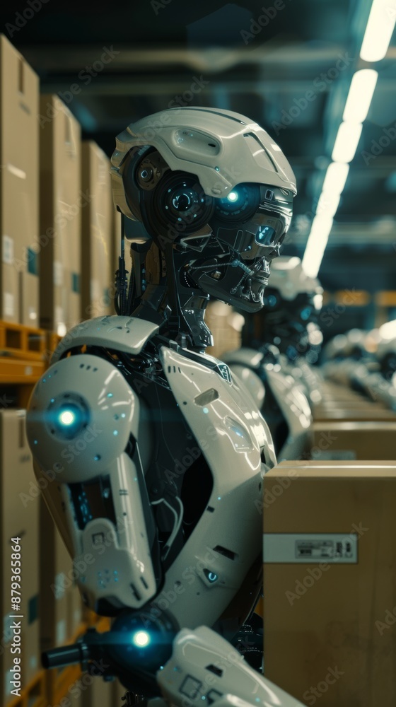 Aufkleber robots in a busy warehouse move boxes with precision and speed, showcasing advanced technology. blue