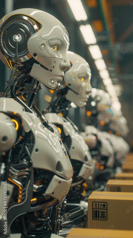 Poster row of robots working on a packaging line in a futuristic factory setting, highlighting the increasi