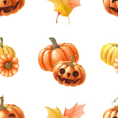 Pumpkin Halloween decor seamless pattern. Watercolor illustration. Hand drawn spooky funny orange pumpkins, autumn leaves seamless pattern. Halloween holiday element symbol on white background