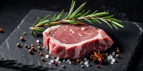 a piece of raw meat with spices on a black background