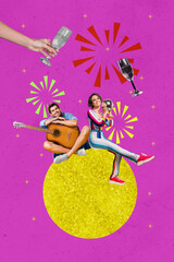 Trend artwork sketch image photo collage of pink vibrant color team friends young woman man...