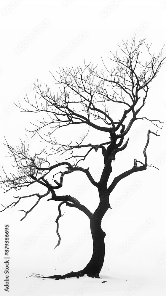 Poster black and white photo of a leafless tree standing in a snowy field, creating a stark and minimalist 