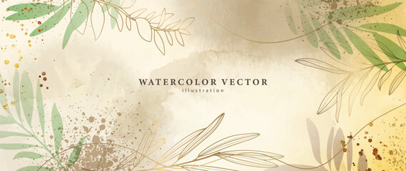 Abstract art background vector. Luxury minimal style wallpaper with golden line art flower and botanical leaves, Organic shapes, Watercolor. Vector background for banner, poster, Web and packaging. © Лилия Агапова