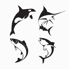 Underwater inhabitants. Collection of marine animals. killer whale, orca, marlin, tuna, salmon. Flat cartoon style. vector illustration icon in bright colors.